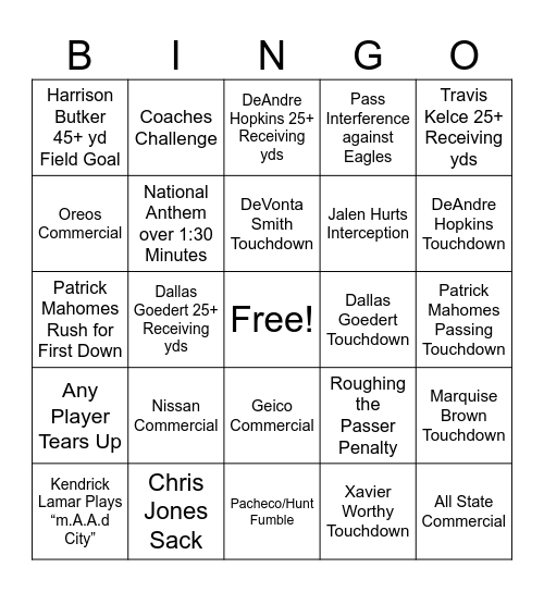 Super Bowl LIX Bingo Card