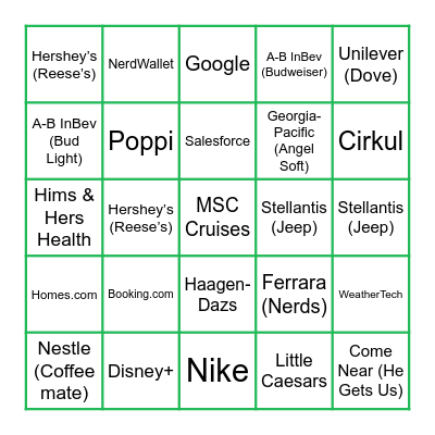 Super Bowl Commercials 2025 Bingo Card