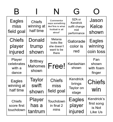 Super Bowl 2025 Bingo Card
