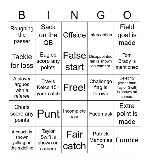 Super Bowl 2025 Bingo Card