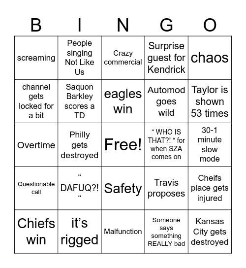 Weather Discord Super Bowl Bingo Card