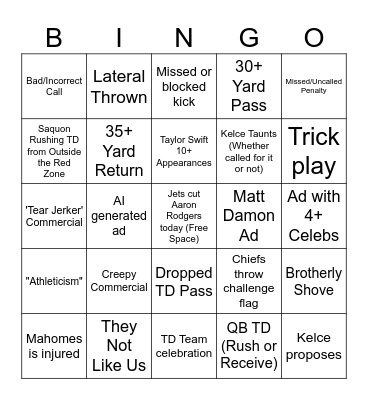 Super Bowl 2025 Bingo Card