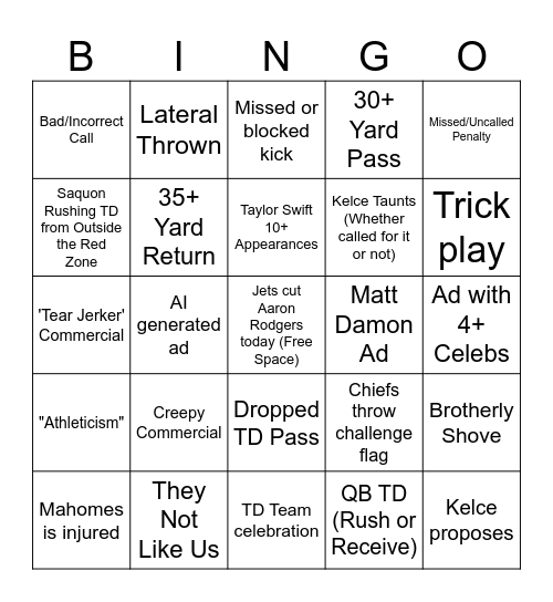 Super Bowl 2025 Bingo Card