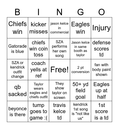 Super Bowl Bingo Card