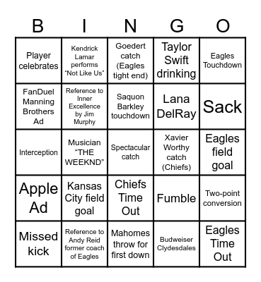 Super Bowl BINGO Card