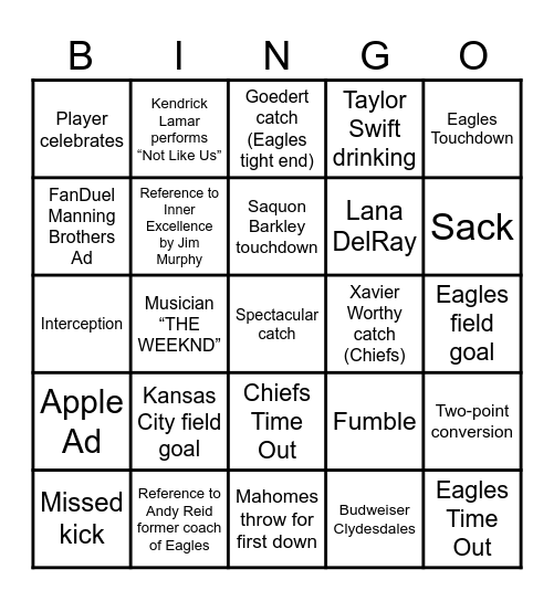 Super Bowl BINGO Card