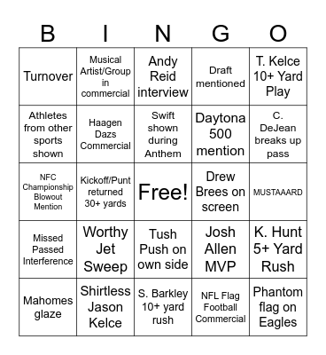 Super Bowl Bingo Card