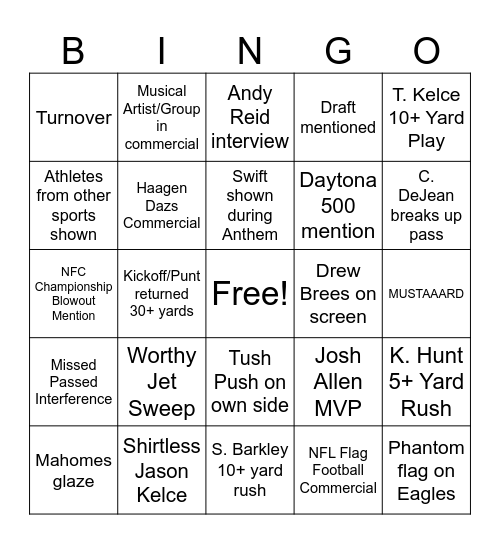 Super Bowl Bingo Card
