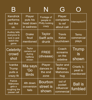 AUDREY x MIA SUPERBOWL!!!!!!!!!! Bingo Card