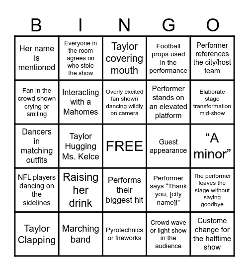 Taylor’d Halftime Show Bingo Card