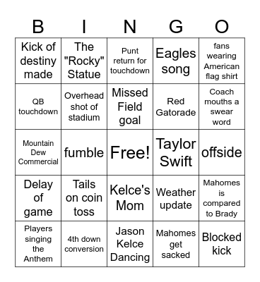 Superbowl Bingo Card