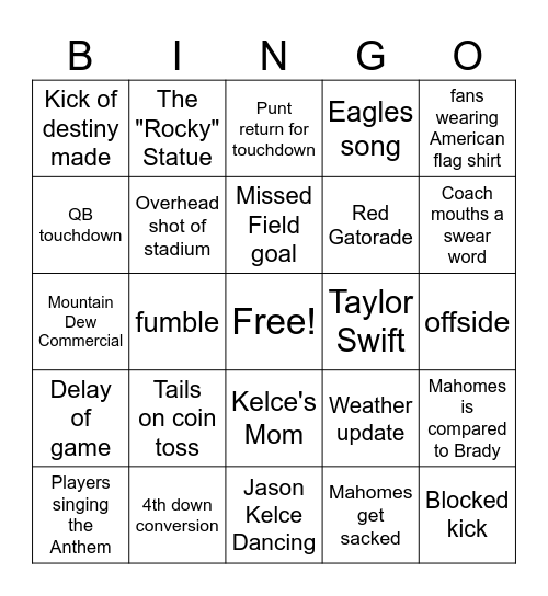 Superbowl Bingo Card