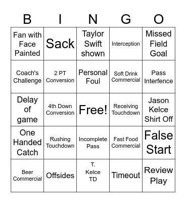 Super Bowl Bingo Card