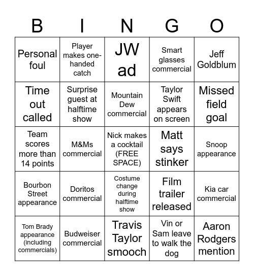 Superbowl 2025 Bingo Card