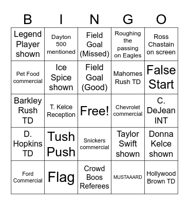 Super Bowl Bingo Card