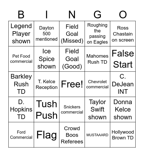 Super Bowl Bingo Card