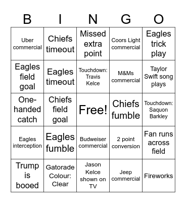 Super Bowl Bingo Card