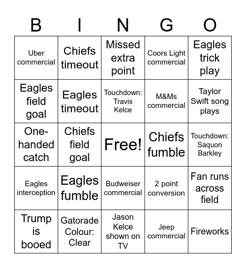 Super Bowl Bingo Card