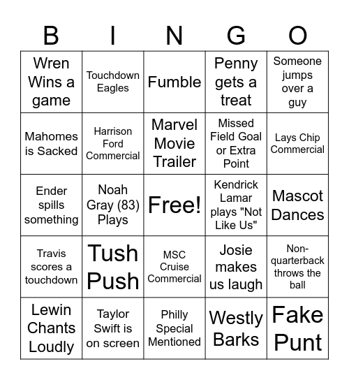 Super Bowl Bingo Card