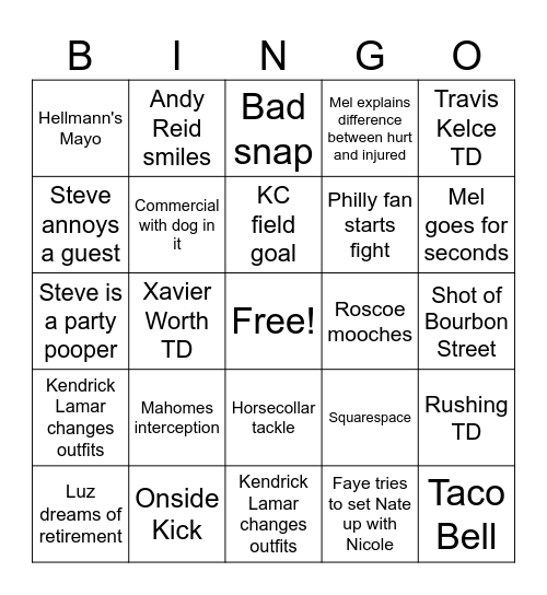 Super Bowl LIX Bingo Card