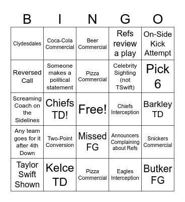 Super Bowl Bingo Card