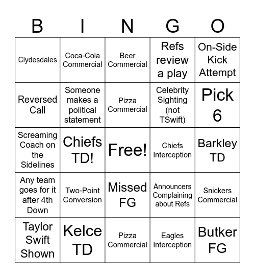 Super Bowl Bingo Card