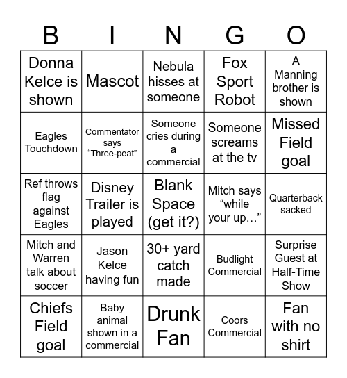 Super Bowl LIV Bingo Card