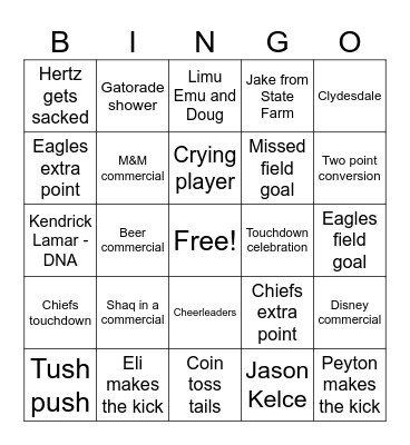 Super Bowl Bingo Card