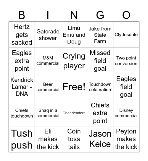 Super Bowl Bingo Card