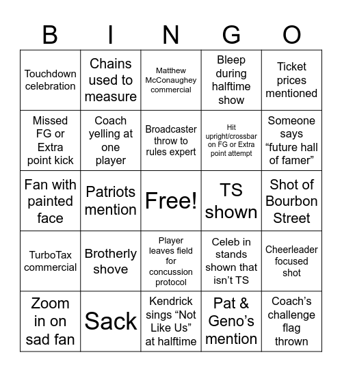 Bearup Bowl Party 2025 Bingo Card