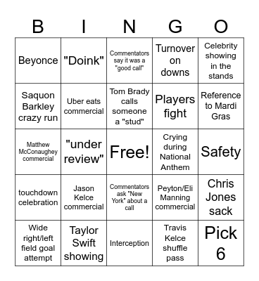 Superbowl Bingo Card
