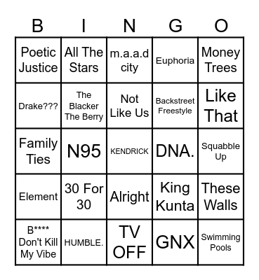 Half Time Show Bingo Card
