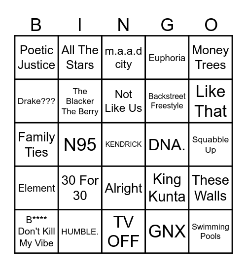 Half Time Show Bingo Card