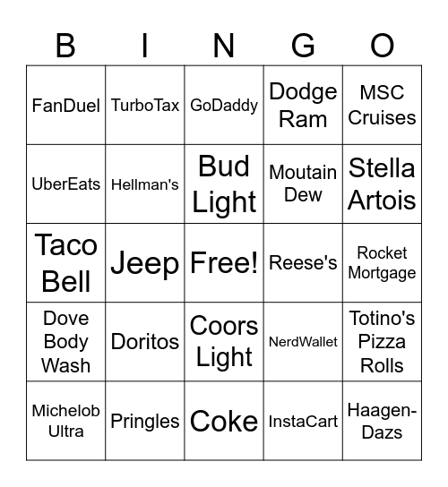 Super Bowl 2025 Bingo Card