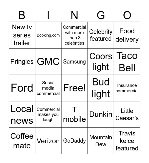 Commercials Bingo Card