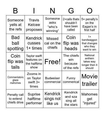 Super Bowl Bingo Card