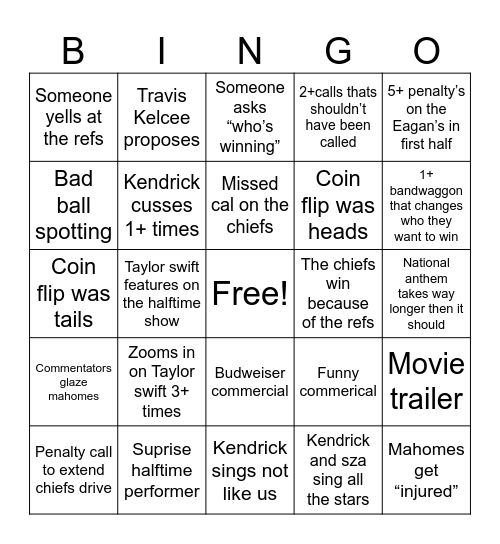 Super Bowl Bingo Card