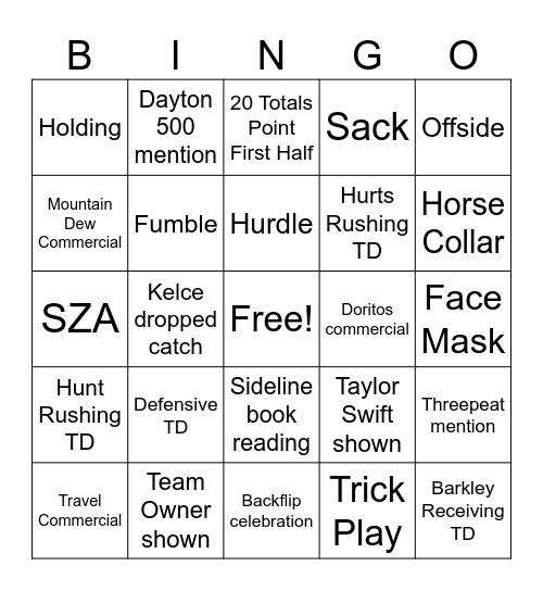 Super Bowl Bingo Card