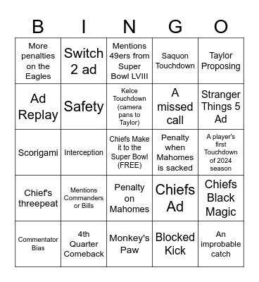 Super Bowl LIX Bingo Card