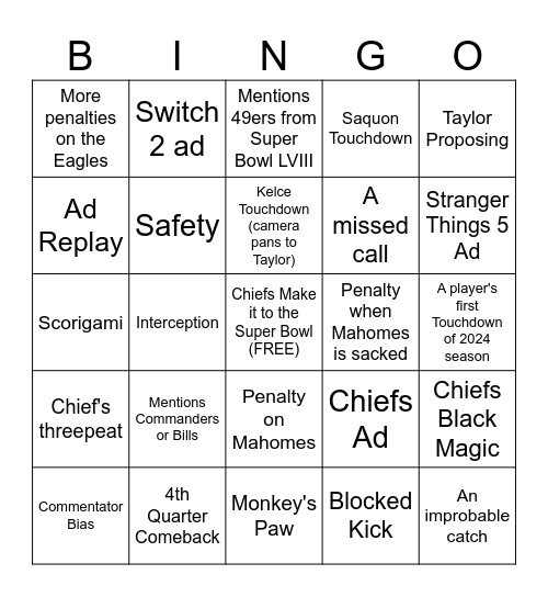 Super Bowl LIX Bingo Card