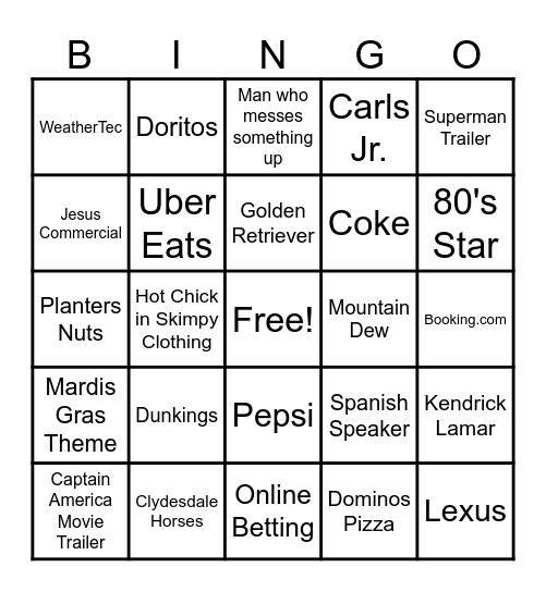 Superbowl Bingo Card