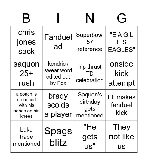 Superbowl 59 Bingo Card