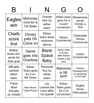 Superbowl LIX Chiefs vs. Eagles 2/9/25 Bingo Card
