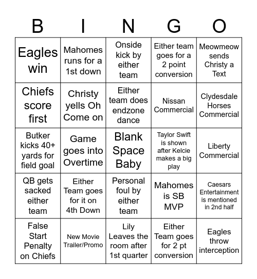 Superbowl LIX Chiefs vs. Eagles 2/9/25 Bingo Card