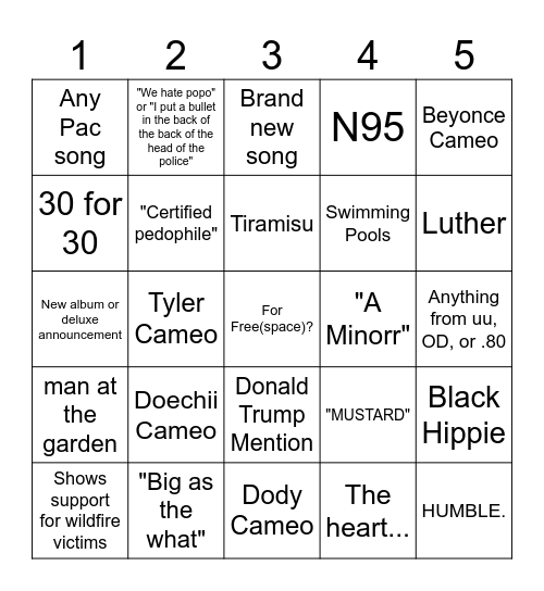 Halftime Bingo Card