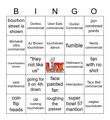 Super Bowl Bingo LIX Bingo Card