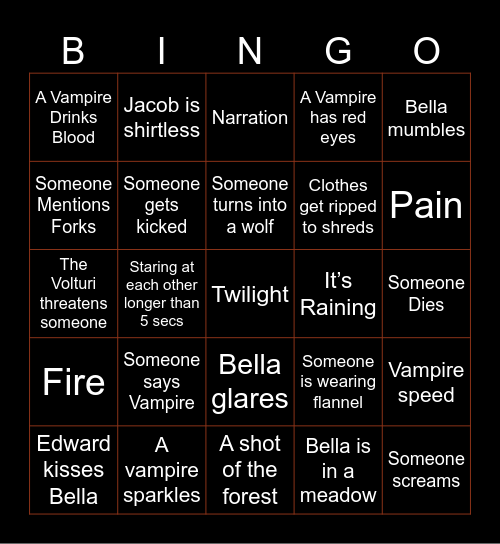 Twilight Movie Bingo Card