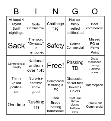 Super Bowl 2025 Bingo Card
