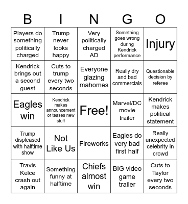 Super Bowl Bingo Card