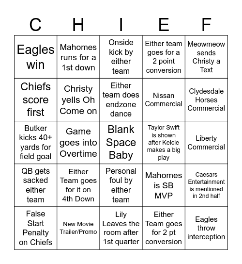 Superbowl LIX Chiefs vs. Eagles 2/9/25 Bingo Card